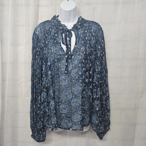SEA New York Positano Ocean Pintuck Floral Metallic Peasant Blouse Top L - Picture 1 of 10